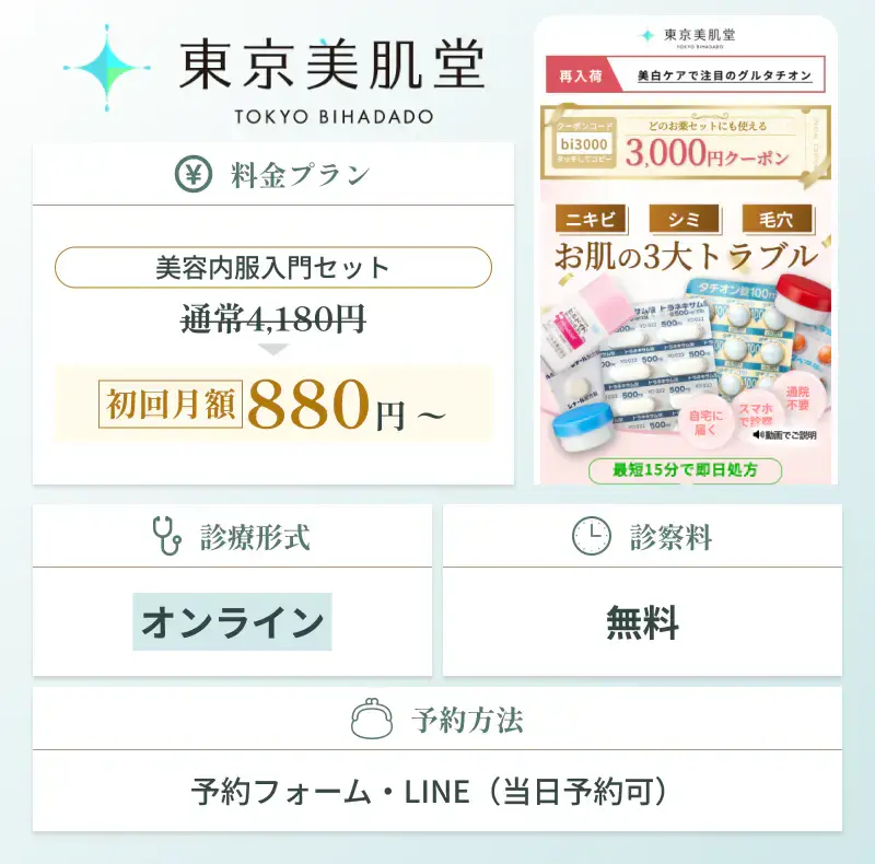 東京美肌堂の内服薬オンライン診療の特徴