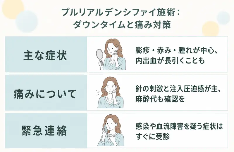 プルリアルデンシファイのダウンタイムは赤みや腫れなどの症状があり痛みや異常を感じる場合は医師への相談を推奨